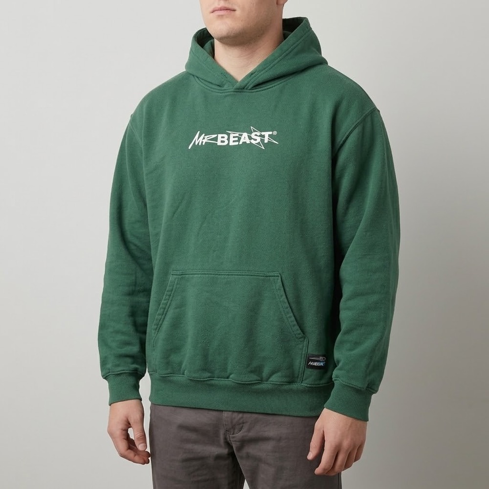 MrBeast Logo Hoodie Sweatshirt Mens Large Green Sub to Beast EUC